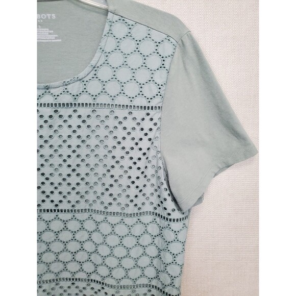 Talbots Green Cotton Blend Eyelet Overlay Short Sleeve T-Shirt Size Large - Picture 2 of 4